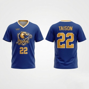 Maillot de lacrosse pour homme, maille polyester respirante de qualité supérieure 160 GSM, bleu royal, accent doré, logo personnalisé par transfert thermique, nom - Product Image 1