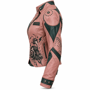 Women Dusty Pink Leather Biker Jacket Printed Snail Graphic Dark Green Accent <b>Studded</b> Collar Custom OEM ODM Outerwear Wholesale - Product Image 4
