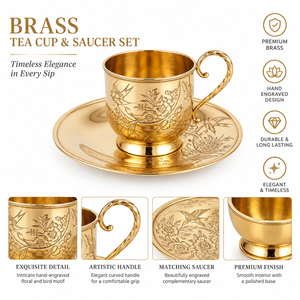 Ensemble tasse et soucoupe en laiton gravé à la main, luxe, or antique, tasse à café décorative, vaisselle en métal vintage, vaisselle de cuisine - Product Image 2