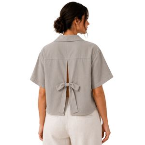Camisa Corta Personalizada para Mujer, Color Gris Claro, Bordada, Manga Corta, Cierre de Botones, Blusa Informal de Verano, Mezcla de Lino, Logotipo Personalizado, a la Moda - Product Image 2