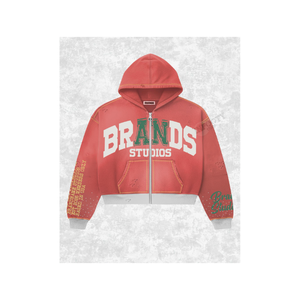 Brandname Men's Red Hooded <b>Zip</b>-<b>Up</b> Sweatshirt With Letter Print And Front Pockets Casual Autumn Wear - Product Image 1