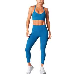 Conjunto de Yoga para Mujer, Azul Sólido, Leggings sin Costuras de Cintura Alta, Top Corto Deportivo, 2 Piezas, Ropa Deportiva, Spandex y Poliéster - Product Image 2