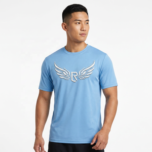 Camiseta de Manga Corta con Cuello Redondo y Estampado Azul Claro para Hombre, Corte Regular, Informal, 100% Poliéster, Transpirable, Color Sólido - Product Image 6
