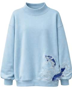 Sweat-shirt en molleton surdimensionné bleu clair personnalisé pour femme, col montant, broderie poisson Koi, pull décontracté d'hiver en coton et polyester - Product Image 1