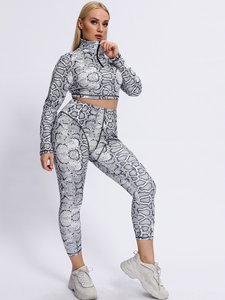 Conjunto Deportivo de 2 Piezas con Estampado de Serpiente para Mujer, Top Corto de Cuello Alto de Manga Larga, Leggings hasta el Tobillo, Tejido de Punto, Spandex, Poliéster, Transpirable - Product Image 3