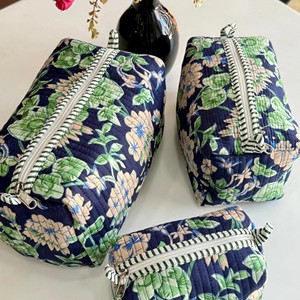3-Piece Quilted Floral Cosmetic Bag Set <b>Navy</b> Blue with Cream Flowers and Green Leaves Zipper Closure Multi-Function Makeup - Product Image 5