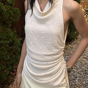 Chemisier long sans manches sexy et structuré pour femme, col bénitier, extensible dans les 4 sens, respirant, infroissable, mélange polyester-coton - Product Image 2