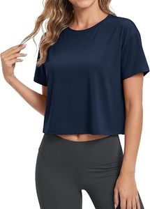 Sexy Women's <b>Navy</b> Blue Cropped Short Sleeve Knitted O-Neck Casual Solid Color Breathable Gym <b>Top</b> - Product Image 6