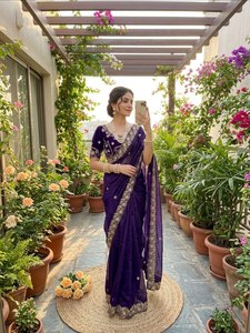 Sari en satin Royal Fendy brodé, sari élégant en satin avec travail de sequins, sari de créateur Fendy en satin au look riche, sari de luxe en satin avec travail Jaal - Product Image 1