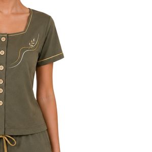 Olive Green Women Two Piece Shorts Set Square Neck Button <b>Top</b> Gold Leaf Embroidery Casual Summer Cotton Lounge Wear Pajama - Product Image 4