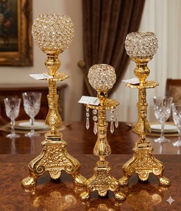 Golden Brass Candle Stand Set With Crystal Ball <b>Top</b> For Home <b>Wedding</b> Decoration Durable Metal Ornament - Product Image 6
