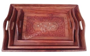 Set of 3 Handcrafted Wooden Serving Trays with Brass Inlay Decorative Nesting Tray Set for Snacks <b>Tea</b> and Home Decor - Product Image 2