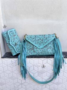 Combo de bolso y embrague con flecos hechos a mano, herramientas de tallado hechas a mano, bolso bandolera de Color turquesa, bolsos y billetera con estilo occidental - Product Image 5