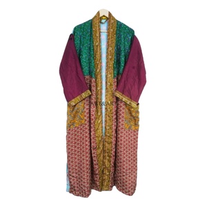 Kimono indio de seda pura con cuello en V y patchwork, vestido largo para mujer con cierre de cordón frontal, cómodo, suave, transpirable y elegante. - Product Image 1