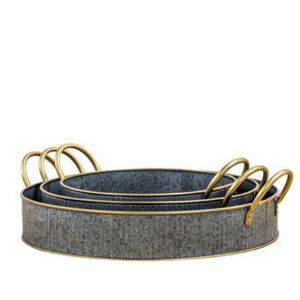 Galvanized Metal Serving Tray Set Of 3 Oval <b>Nesting</b> Trays With Decorative Gold Brass Handles Coffee <b>Table</b> Display Lowest Price - Product Image 1