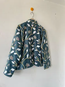 bohemian Teal Blue <b>Velvet</b> Floral Embroidered Suzani <b>Jacket</b> Full Sleeve Stand Collar Bohemian <b>Women's</b> Autumn Outerwear - Product Image 6