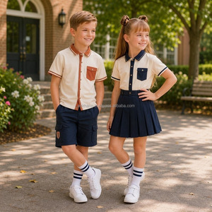 Ensemble uniforme scolaire pour enfants, coton Oxford, garçons et filles, chemise à manches courtes avec poche, jupe bleu marine, short, chaussures blanches - Product Image 1