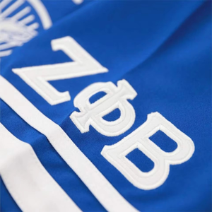 Maillot de football bleu à col montant, manches courtes, double rayure, séchage rapide, en polyester, pour sublimation, 240g, pour équipe sportive - Product Image 3