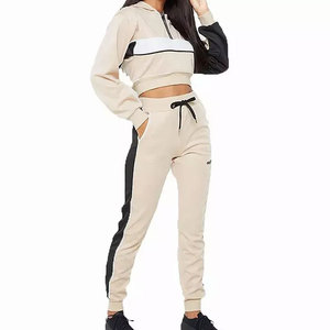 Ensemble de survêtement décontracté pour femme, beige, color block, respirant, mi-lourd, avec sweat à capuche sans manches et pantalon de jogging à cordon de serrage - Product Image 1