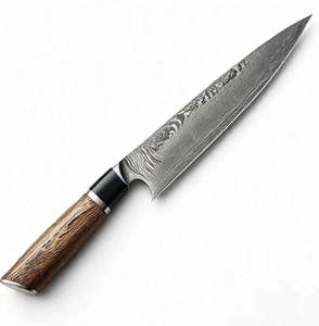 Couteau de cuisine artisanal en acier Damas avec manche en bois texturé - Product Image 3