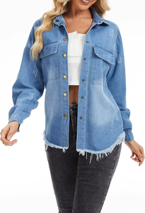 แจ็คเก็ตยีนส์ผู้หญิง แขนยาว คลาสสิก แต่งขาดสไตล์ Trucker ราคาสมเหตุสมผล - Product Image 2