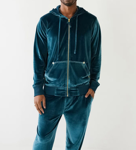 Men Eco-Friendly Lightweight Velour Tracksuit Hooded Full <b>Zip</b> Print Casual Autumn Style Pants Set Regular Fit Side Pockets - Product Image 2