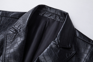 Men's Black Crocodile Embossed PU Leather Jacket With <b>Belt</b> Smart Casual <b>Slim</b> Fit Turn-down Collar Single Breasted - Product Image 6