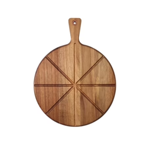 Tabla de cortar y servir pizza de madera de acacia vietnamita al por mayor con ranuras integradas para porciones y asas - Product Image 1
