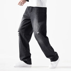 Jeans de Mezclilla Premium para Hombre, Corte Holgado, Pierna Recta, Cintura Media, Color Sólido, Casual, Algodón, Desgastados, Lavado Rápido, Secado Rápido - Product Image 1