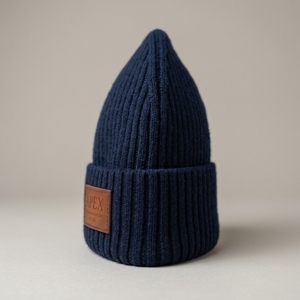 Men's Navy <b>Blue</b> Ribbed <b>Beanie</b> Hat Knit Cuffed Winter Cap Streetwear Unisex Custom Logo Wholesale Fashion - Product Image 4