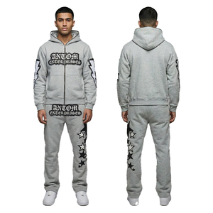 Breathable Unisex Winter Fleece Two Piece Outfit Full Zipper Hoodie Flare Trouser Tracksuit 100% Cotton Jogging Fashion Suit - Product Image 1
