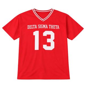Delta Sigma Theta Oversized Chenille Football Jersey Tee Red for Women Comfortable Fit Premium Greek Sorority Apparel - Product Image 4
