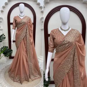 Sari indio premium de última moda para fiestas, tela de seda Tibby con trabajo de lentejuelas multicolor, sari de diseñador para ocasiones festivas y elegantes para mujer. - Product Image 2