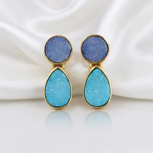 Handmade Blue Druzy 18k Gold Plated Fancy Drop <b>Earrings</b> Elegant Teardrop Dangle Stylish Fashion Wedding Jewelry For Women's - Product Image 1