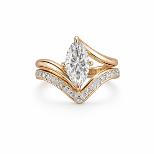 Ensemble de bagues de mariée Marquise avec alliance assortie en chevron incurvé, bague de fiançailles en forme de V avec diamant de laboratoire en or massif 14 carats - Product Image 1