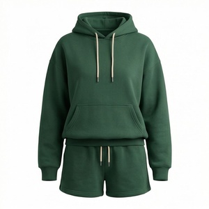 Conjunto de Sudadera con Capucha de 2 Piezas para Mujer, Verde Sólido, Felpa, Corte Holgado Informal, Pantalones Cortos por Encima de la Rodilla con Bolsillo, para Todas las Temporadas - Product Image 1