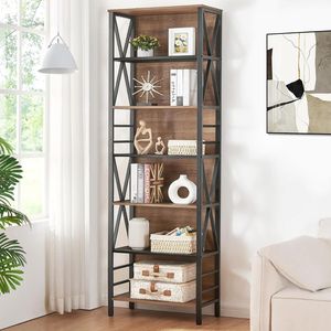 Étagère industrielle à 6 niveaux en bois d'acacia massif naturel de luxe avec structure en métal noir pour le rangement et l'affichage dans le bureau à domicile ou le salon - Product Image 3
