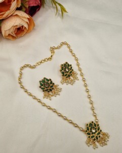 Designer <b>Pearl</b> Beaded Chain Necklace With Coordinating Earrings Floral Pendant Necklace <b>Set</b> Traditional Ethnic Partywear Jewelry - Product Image 1