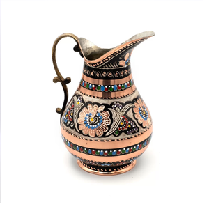 Traditional made in India floral carved <b>copper</b> pitcher featuring a high spout and vintage brass <b>handles</b>, at wholesale prices. - Product Image 3