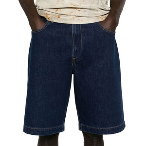 Shorts Bermuda en jean bleu foncé pour homme, taille mi-haute, fermeture boutonnée, style décontracté, couleur unie, tissu en coton, poches, respirant, tissé - Product Image 1