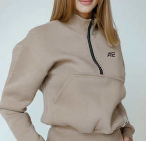 Wholesale Women Beige Half Zip Sweatsuit Set Custom Logo Fleece Jogger Outfit Women's Hoodies & Sweatshirts Manufacturer - Product Image 3