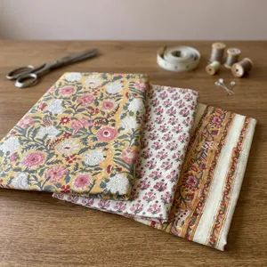 Premium Floral Printed Cotton Fabric <b>Set</b> with Mustard Pink Cream Designs for Dresses Quilting Crafts and Home Decor Projects - Product Image 5