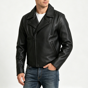 Chaqueta de Motociclista de Cuero Genuino para Hombre, Cierre de Cremallera, Cuello Camisero, Color Sólido, para Otoño - Product Image 5