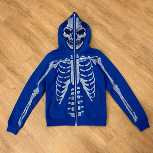Sweat-shirt à capuche bleu pour homme avec imprimé squelette pailleté, style gothique, coupe classique, en polyester tricoté, pour l'automne - Product Image 1