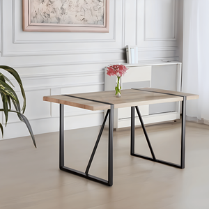 Ensemble de table à manger moderne en MDF couleur bois avec 4 chaises, table de cuisine style mid-century, pieds en métal, ensemble de salle à manger de la marque Dini - Product Image 5