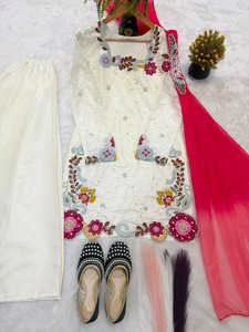 Heavy Roman Glass Silk With Multi Embroidery and Beads Moti Work Top & Sharara Palazzo With Dupatta Suit Designer Party Wear - Product Image 1