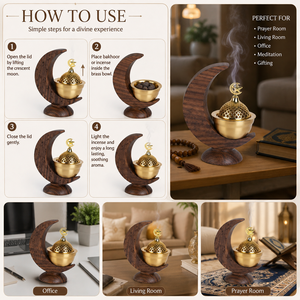 Magnifique ensemble de brûleurs d'encens en forme de croissant de lune avec des dômes dorés ornés d'étoiles et des supports en bois aux finitions claires et foncées - Product Image 6