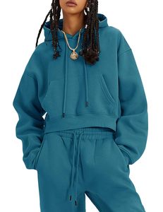 Conjunto Deportivo de Invierno para Mujer, Tallas Grandes, Diseño Personalizado, con Capucha, Estampado Sólido, Sin Costuras, Elástico en 4 Direcciones, Top Corto y Pantalones, 100% Algodón - Product Image 1