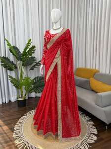 Luxury <b>Red</b> <b>Saree</b> Heavy Gold Embroidery Indian Bridal Wedding Diwali Prom Party Wear Floor-Length Lehenga Style Sari Quick Dry - Product Image 2
