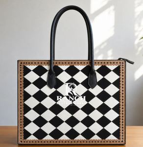 Top Quality Checkered Black White Leather Laptop <b>Tote</b> <b>Bag</b> for Women From India Manufacture At Bulk Price - Product Image 3